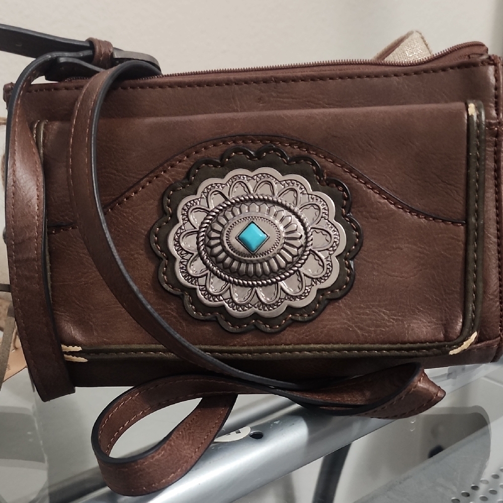 Tony Llamas Brown Leather Crossbody Clutch with Medallion